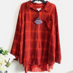 Ava & Viv Women's 100% Cotton Red Plaid No Gap Button Down Long Sleeve Shirt NWT